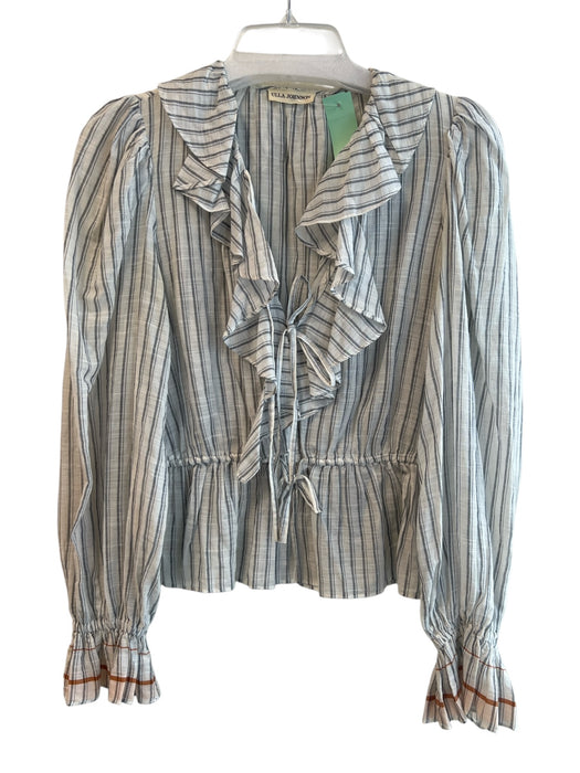 Ulla Johnson Size 4 White & Blue Cotton Striped Long Sleeve Tie At Waist Top White & Blue / 4