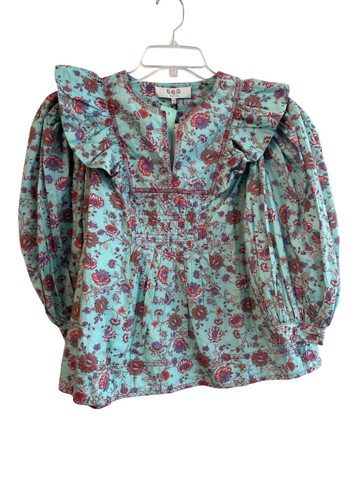 Sea New York Size Small Teal & Multi Cotton Floral Long Puff Sleeve Top Teal & Multi / Small
