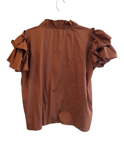 Sofia Size Est Small Brown Cotton Short Ruffle Sleeve V Neck Tie At Neck Top Brown / Est Small