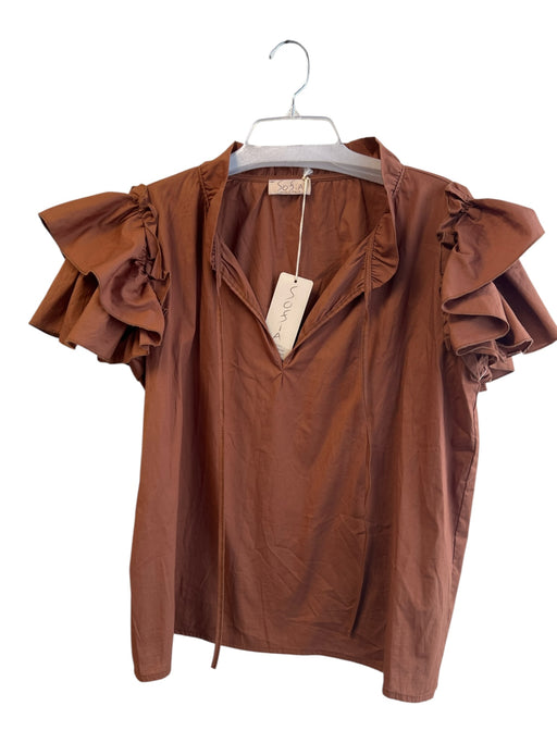 Sofia Size Est Small Brown Cotton Short Ruffle Sleeve V Neck Tie At Neck Top Brown / Est Small