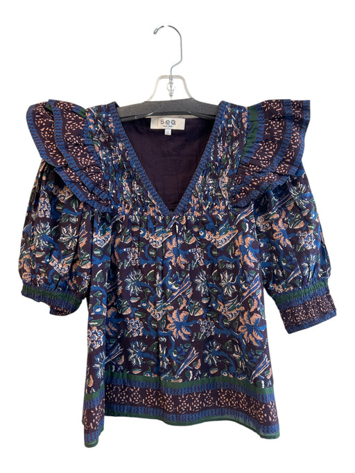 Sea New York Size Small Purple & Blue Cotton V Neck Half Puff Sleeve Pintuck Top Purple & Blue / Small