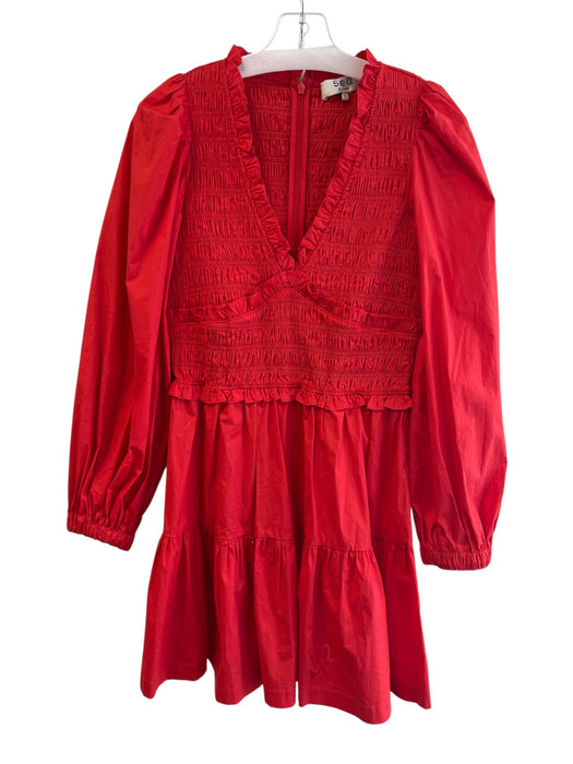 Sea New York Size 4 Red Cotton Blend Long puff sleeve V Neck Back Zip Dress Red / 4