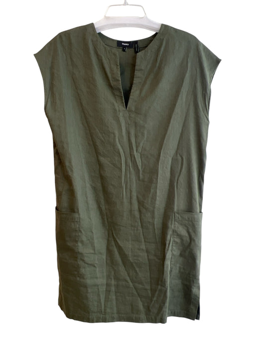 Theory Size Small Green Linen & Viscose Drop Shoulder Round Split Neck Dress Green / Small