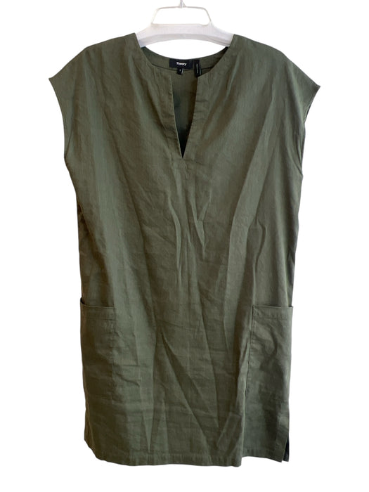 Theory Size Small Green Linen & Viscose Drop Shoulder Round Split Neck Dress Green / Small