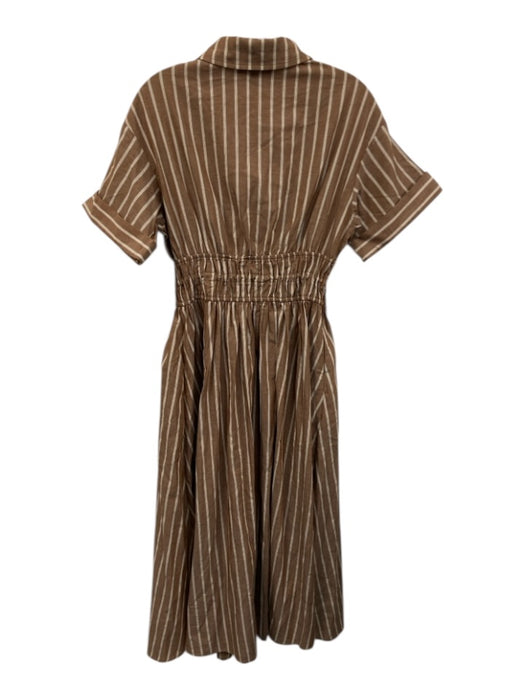 En Saison Size S Brown & White Cotton Striped Short Cuffed Sleeve Collar Dress Brown & White / S