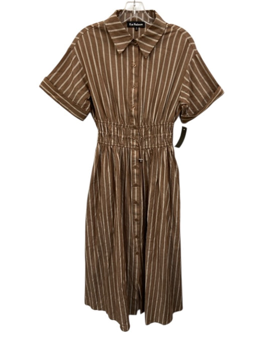 En Saison Size S Brown & White Cotton Striped Short Cuffed Sleeve Collar Dress Brown & White / S