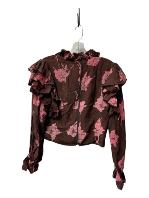 Busayo Size S Garnet & Pink Viscose High Ruffle Neck Abstract FLoral Blouse Garnet & Pink / S