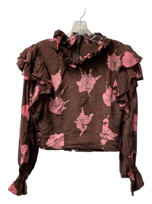 Busayo Size S Garnet & Pink Viscose High Ruffle Neck Abstract FLoral Blouse Garnet & Pink / S