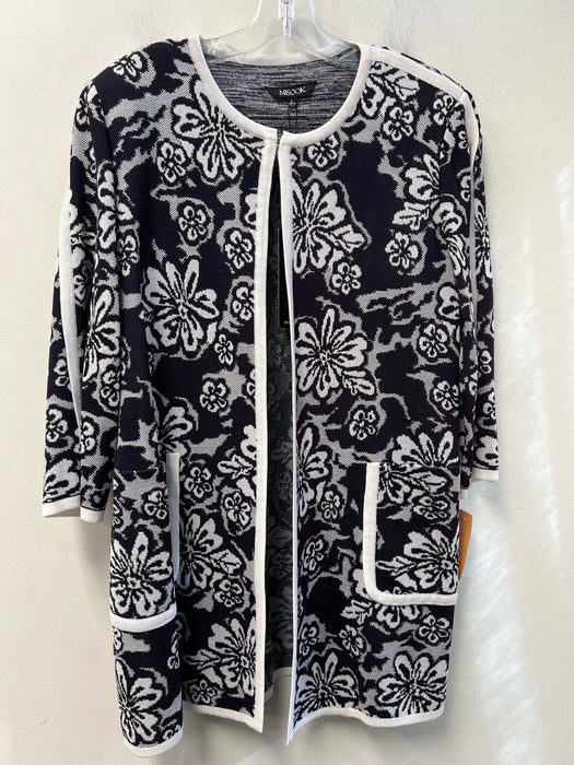 Misook Size Large Black & White Acrylic Blend Round Neck Floral Pockets Sweater