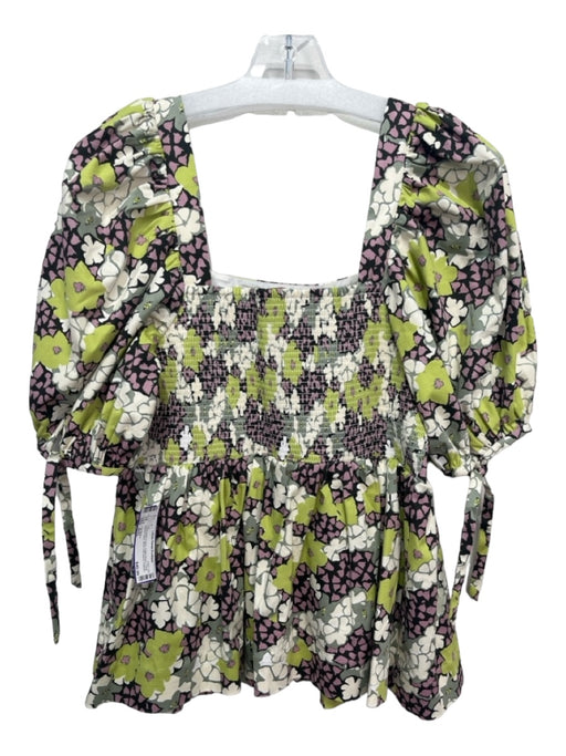 Ted Baker Size 4/XL Green black & pink Cotton Blend Floral Square Neck Top Green black & pink / 4/XL