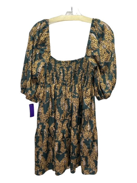 Lavender Brown Size L Green & Beige Polyester Jaguar Print Square Neck Dress Green & Beige / L