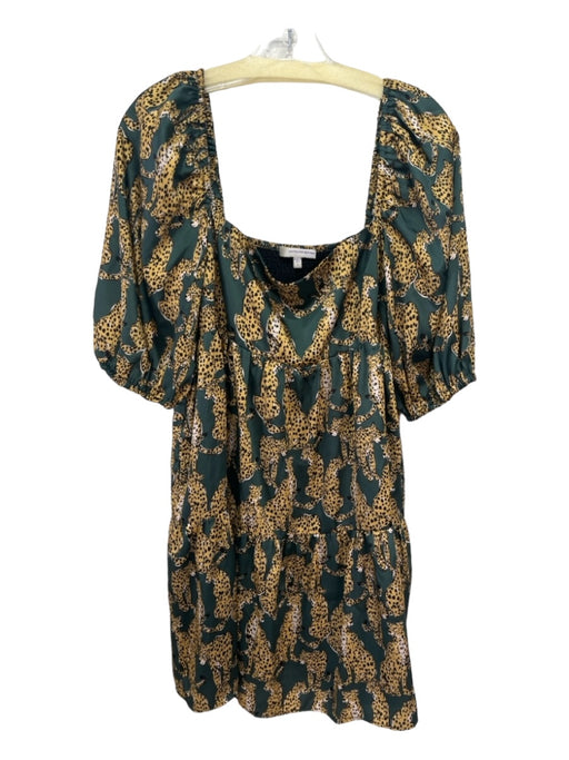 Lavender Brown Size L Green & Beige Polyester Jaguar Print Square Neck Dress Green & Beige / L