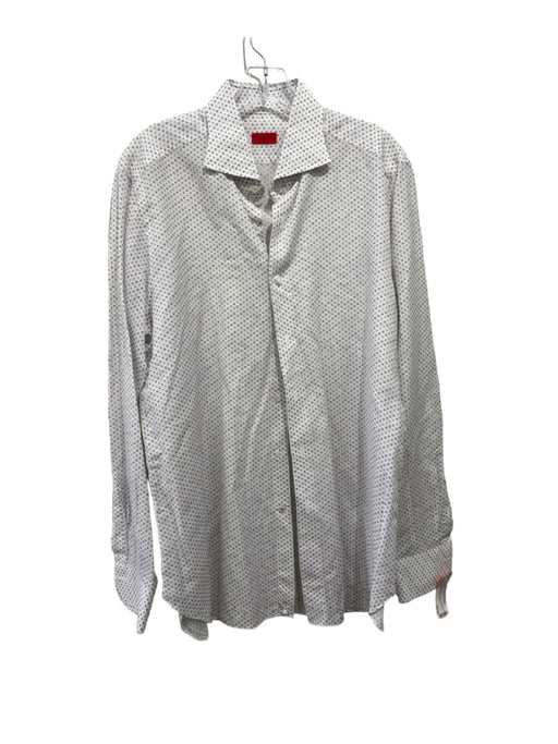 Isaia Size 17 White & Multi All Over Print Button Up Collared Long Sleeve Shirt 17