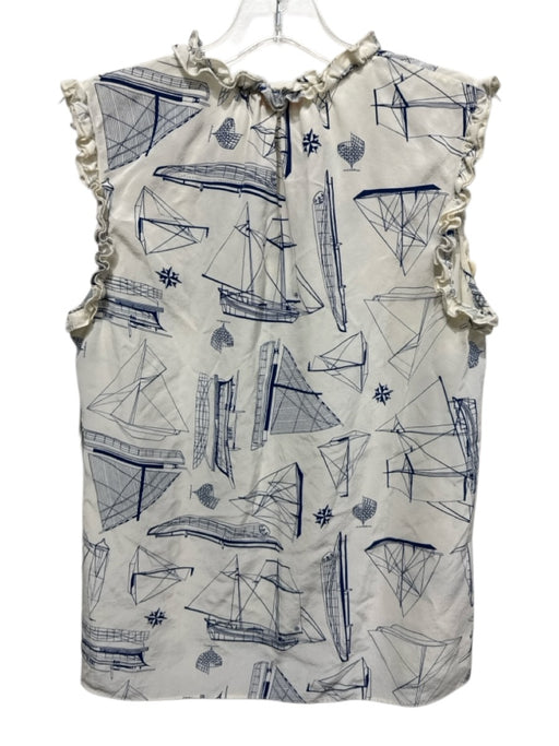 Tory Burch Size 6 Cream & Blue Silk Sleeveless Boat Print Ruffles Top Cream & Blue / 6