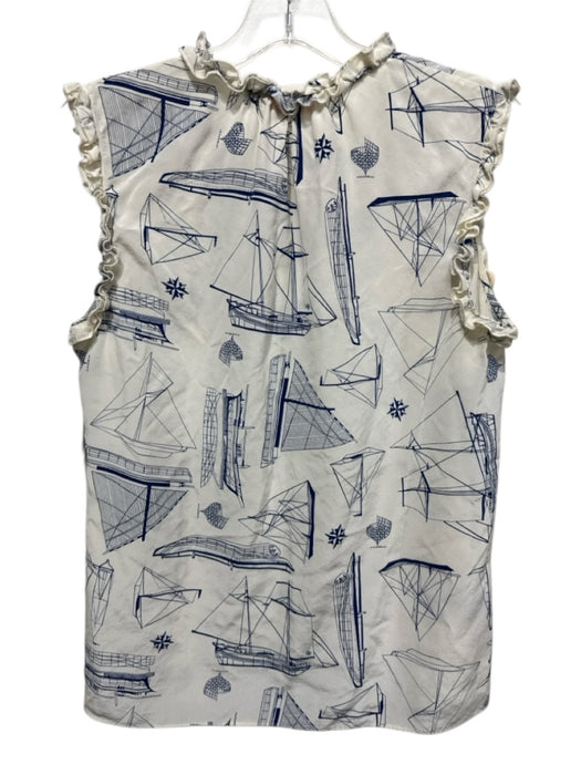 Tory Burch Size 6 Cream & Blue Silk Sleeveless Boat Print Ruffles Top Cream & Blue / 6