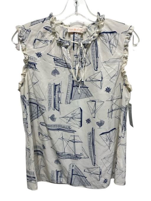 Tory Burch Size 6 Cream & Blue Silk Sleeveless Boat Print Ruffles Top Cream & Blue / 6