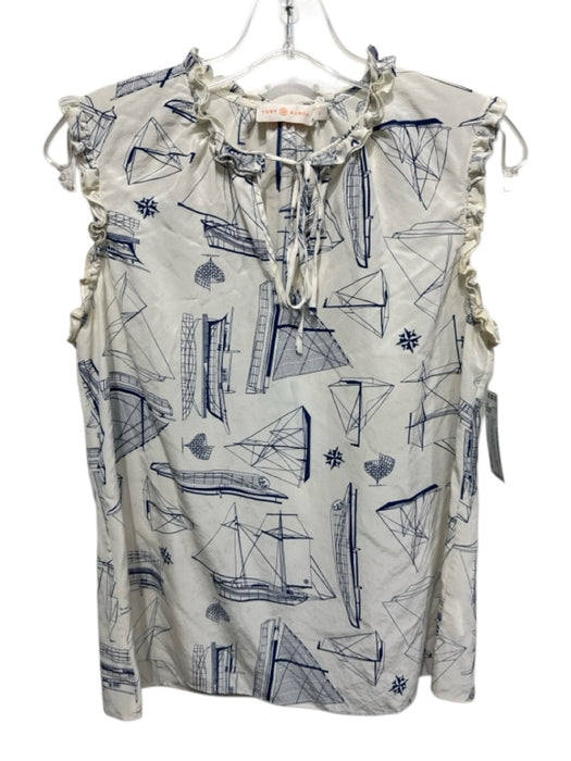 Tory Burch Size 6 Cream & Blue Silk Sleeveless Boat Print Ruffles Top Cream & Blue / 6