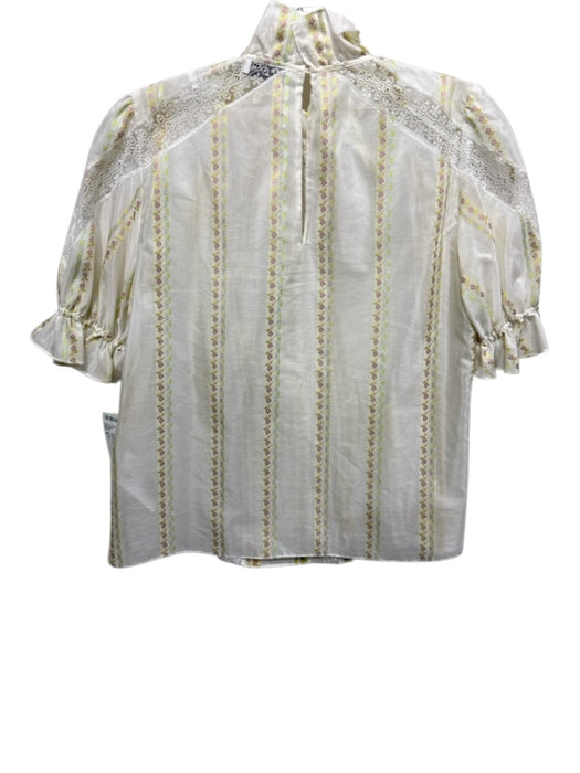 Sandro Size 6 White, Green, Pink Cotton & Polyester Short Puff Sleeve Top White, Green, Pink / 6