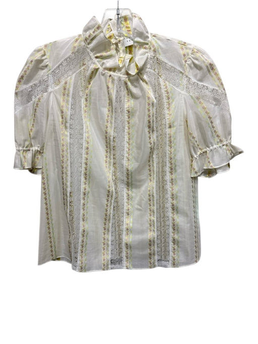 Sandro Size 6 White, Green, Pink Cotton & Polyester Short Puff Sleeve Top White, Green, Pink / 6
