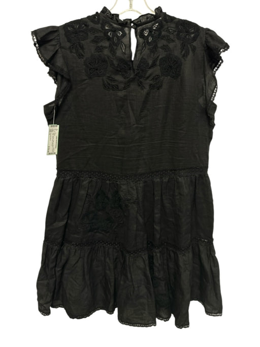 Veronica Beard Size 6 Black Ramie Ruffle Cap Sleeve Crochet Lace Tiered Dress Black / 6