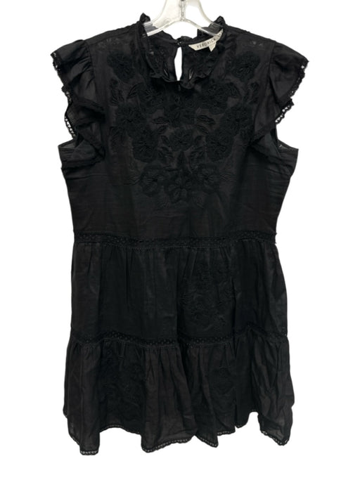 Veronica Beard Size 6 Black Ramie Ruffle Cap Sleeve Crochet Lace Tiered Dress Black / 6