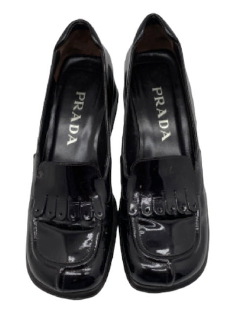 Prada Shoe Size 36 Black Leather Patent Square Toe Block Heel Fringe Loafers Black / 36