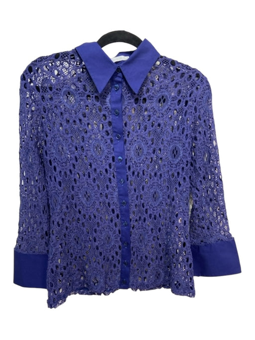 Anne Fontaine Size 42 Blue Polyamide Collared Button Up Long Sleeve Crochet Top Blue / 42