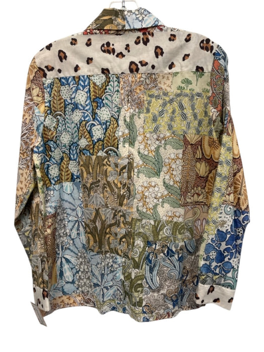 Vilagallo Size 38 Blue, Brown, White Cotton Long Sleeve Mixed Print Collar Top Blue, Brown, White / 38