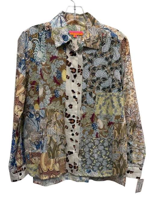 Vilagallo Size 38 Blue, Brown, White Cotton Long Sleeve Mixed Print Collar Top Blue, Brown, White / 38