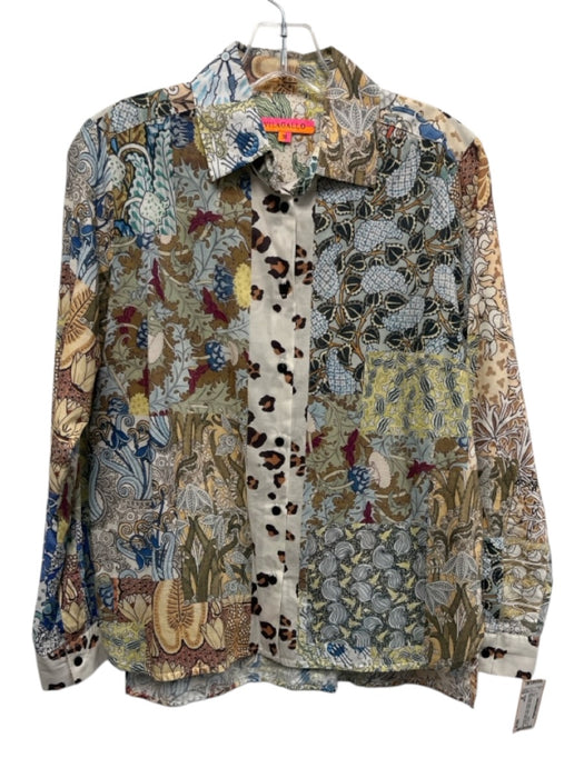 Vilagallo Size 38 Blue, Brown, White Cotton Long Sleeve Mixed Print Collar Top Blue, Brown, White / 38