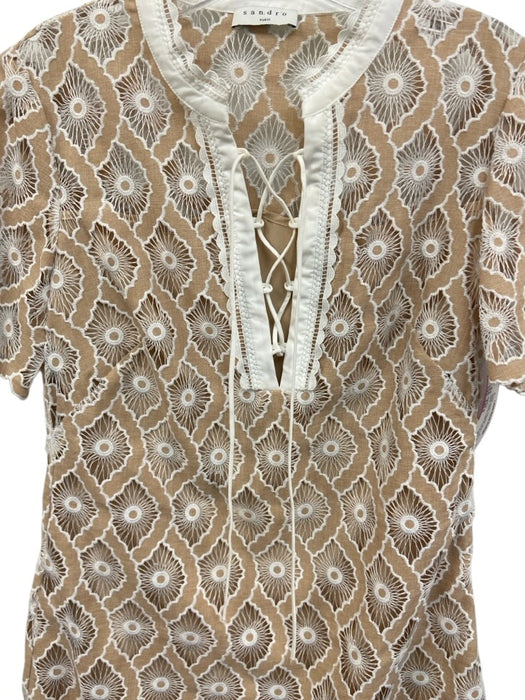 Sandro Size Est S Beige White Polyester Short Sleeve Split Neck Dress Beige White / Est S