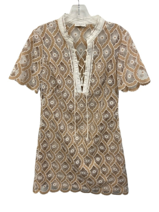 Sandro Size Est S Beige White Polyester Short Sleeve Split Neck Dress Beige White / Est S