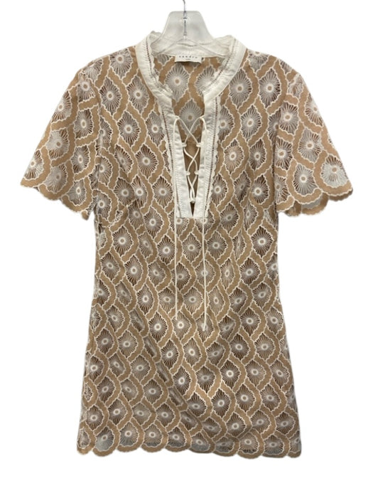 Sandro Size Est S Beige White Polyester Short Sleeve Split Neck Dress Beige White / Est S