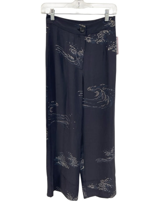 Veda Size P Navy & white Silk Zip Fly High Rise All Over Print Wide Leg Pants Navy & white / P