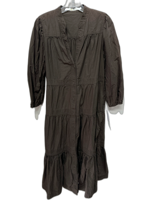 Marie Oliver Size XS Brown Cotton Button Down V Neck Tiered Dress Brown / XS