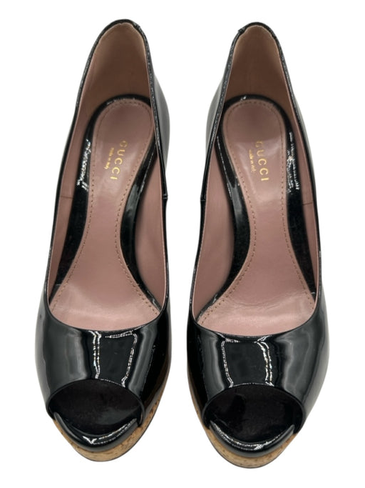 Gucci Shoe Size 37.5 Black & Tan Patent Leather Cork Platform Peep Toe Pumps Black & Tan / 37.5