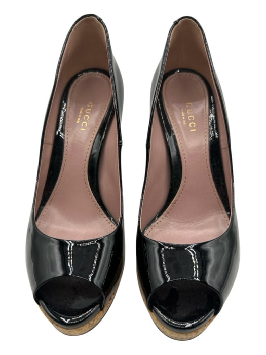 Gucci Shoe Size 37.5 Black & Tan Patent Leather Cork Platform Peep Toe Pumps Black & Tan / 37.5