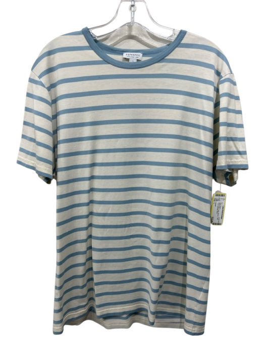 Sunspel Size L White & Blue Cotton Striped T shirt Crew Men's Short Sleeve White & Blue / L