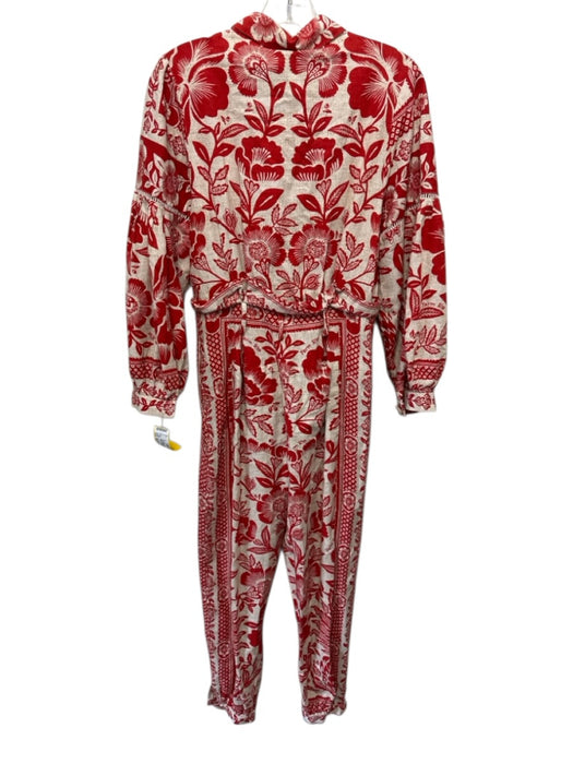 Farm Rio Size XS red & cream Floral & Abstract Long Sleeve Half Button Jumpsuit red & cream / XS