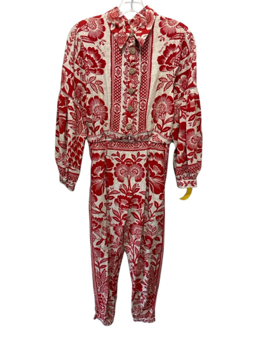 Farm Rio Size XS red & cream Floral & Abstract Long Sleeve Half Button Jumpsuit red & cream / XS