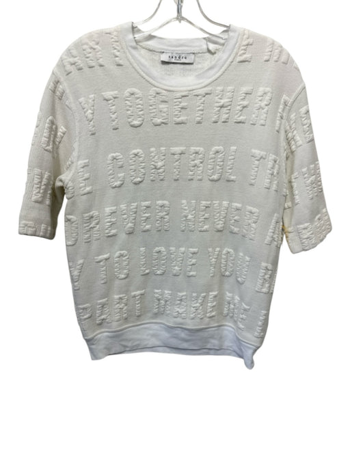 Sandro Size Est M White Acrylic Blend Textured Short Sleeve Words Crew Neck Top White / Est M