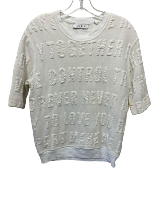 Sandro Size Est M White Acrylic Blend Textured Short Sleeve Words Crew Neck Top White / Est M