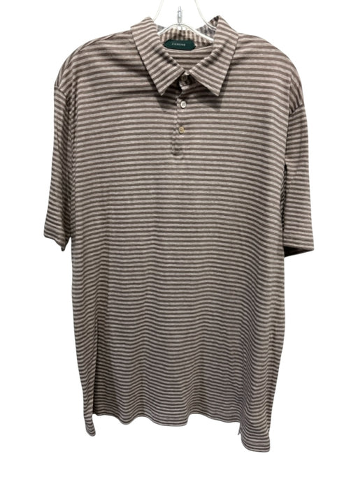 Zanone Size 56 Brown & Light Brown Linen Blend Striped Polo Men's Short Sleeve Brown & Light Brown / 56