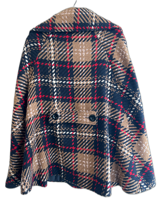 Cejon Brown, Red, & Blue Polyester Blend Plaid Button Front Collar Cape Brown, Red, & Blue / S/M