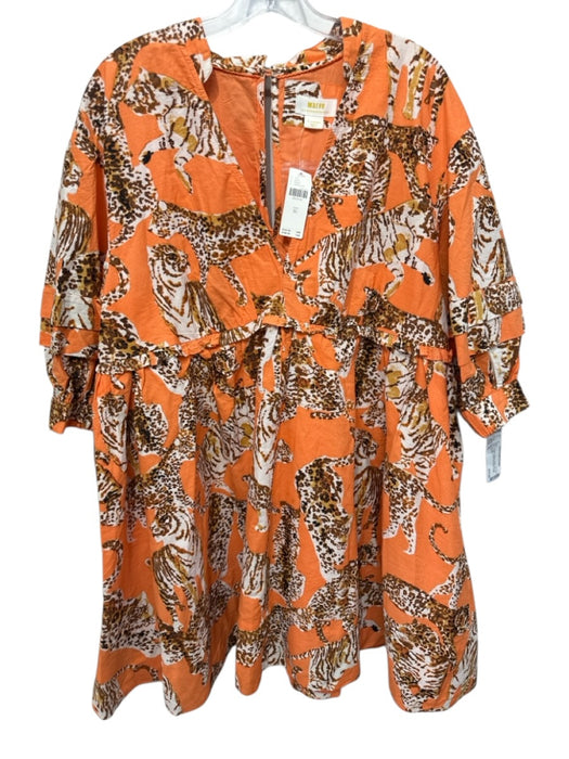 Maeve Size XL Orange & Beige Cotton Big Cat Print V Neck Short Puff Sleeve Dress Orange & Beige / XL