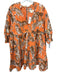 Maeve Size XL Orange & Beige Cotton Big Cat Print V Neck Short Puff Sleeve Dress Orange & Beige / XL