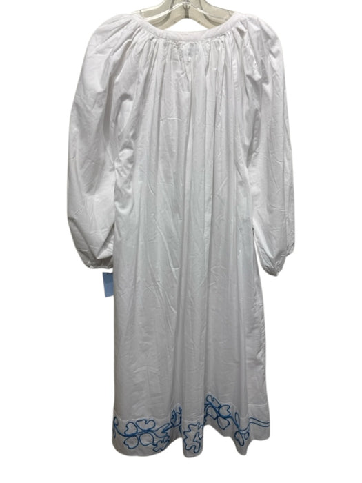 Lake Size XL White & Blue Cotton Blend Button Front Embroidered Detail Dress White & Blue / XL