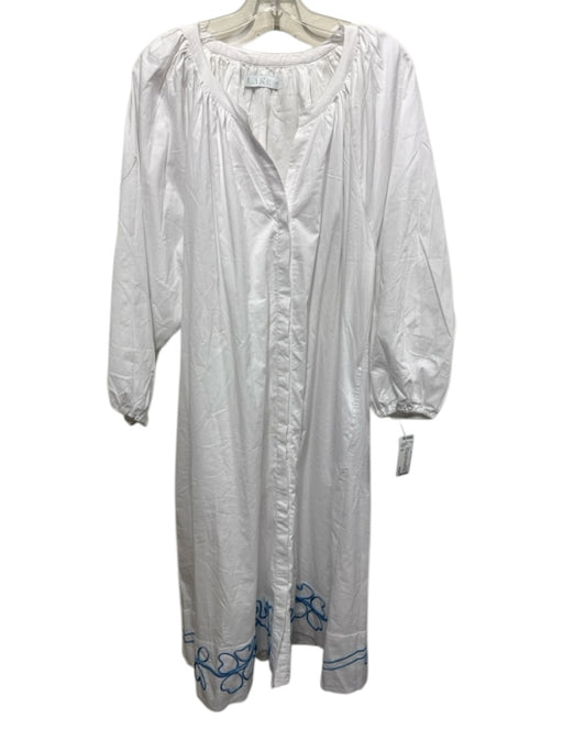 Lake Size XL White & Blue Cotton Blend Button Front Embroidered Detail Dress White & Blue / XL