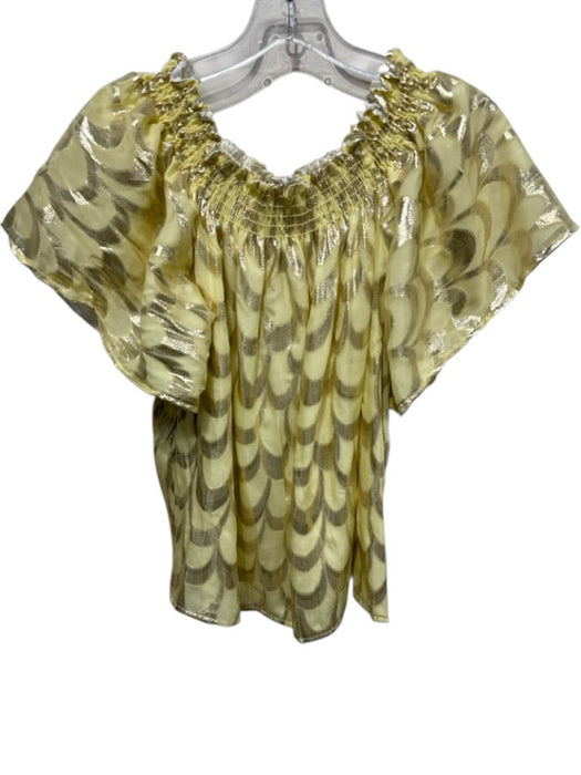 Delfi Collective Size L Yellow & Gold Silk Metallic Thread Off Shoulder Top Yellow & Gold / L