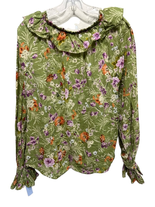 By Anthropologie Size XL Green & Multi Cotton Floral Wide Neck Ruffle Top Green & Multi / XL